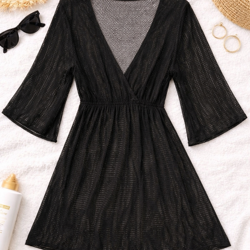 Jordan Taylor Black Mesh Swim Cover Up Medium Bell Sleeve Beach Tunic Resort Wea